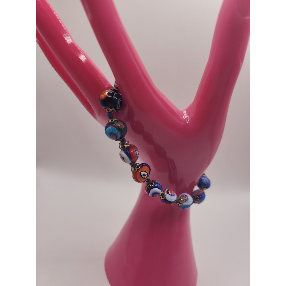 Millefiori Style Glass Bead Bracelet Multicolor Floral Gold Tone Vintage Jewelry